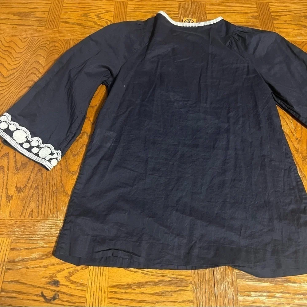 Tory Burch Semi-Sheer Embroidered Tunic Top in Navy Sz 2 Boho Chic Relaxed Fit